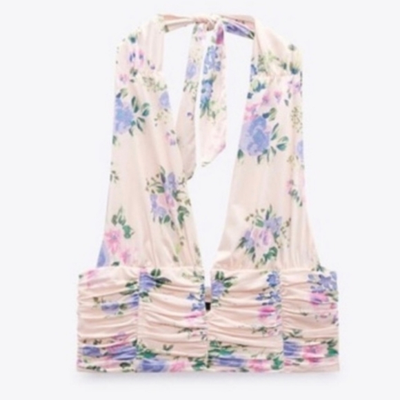 Zara NEW Halter Cropped Top Pink Purple Floral Pattern Zipper Side Size Small - Picture 3 of 15